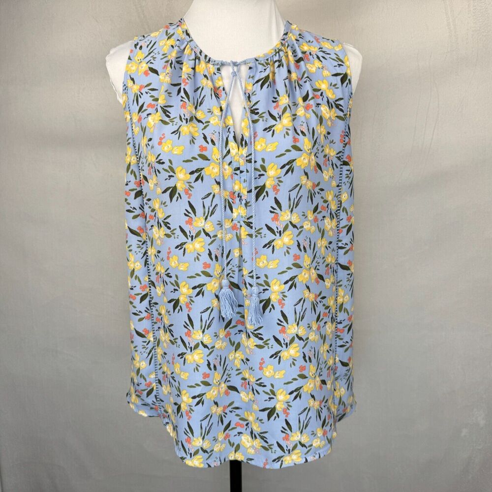 Collective Concepts Tank Top Sz L Blue Floral Split Tie Neck Ladder Stitch Trim